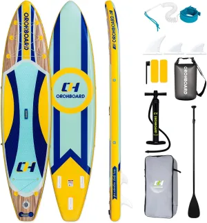 11'6 Inflatable Stand Up Paddle Boards Complete SUP Accessories Includes 3 Fins/Paddles/Backpack/Hand Pump/Leash/Waterproof Storage Bag/Repair Kit Wood