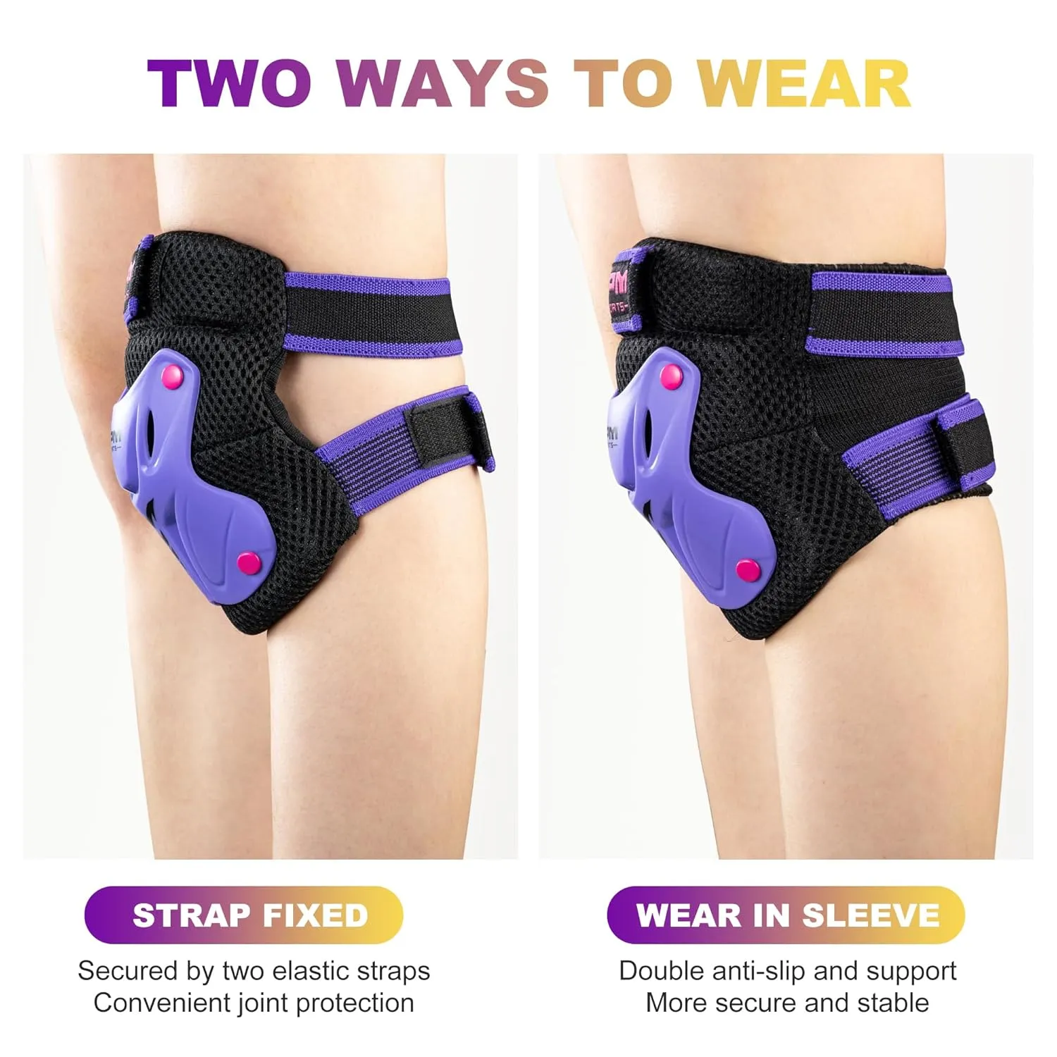 2PM SPORTS Knee Pads for Kids, Wrist Guards Knee and Elbow Pads Set with Drawstring Bag, Protective Gear Set for Girls Boys Roller Skating Cycling Skateboard - Purple Small