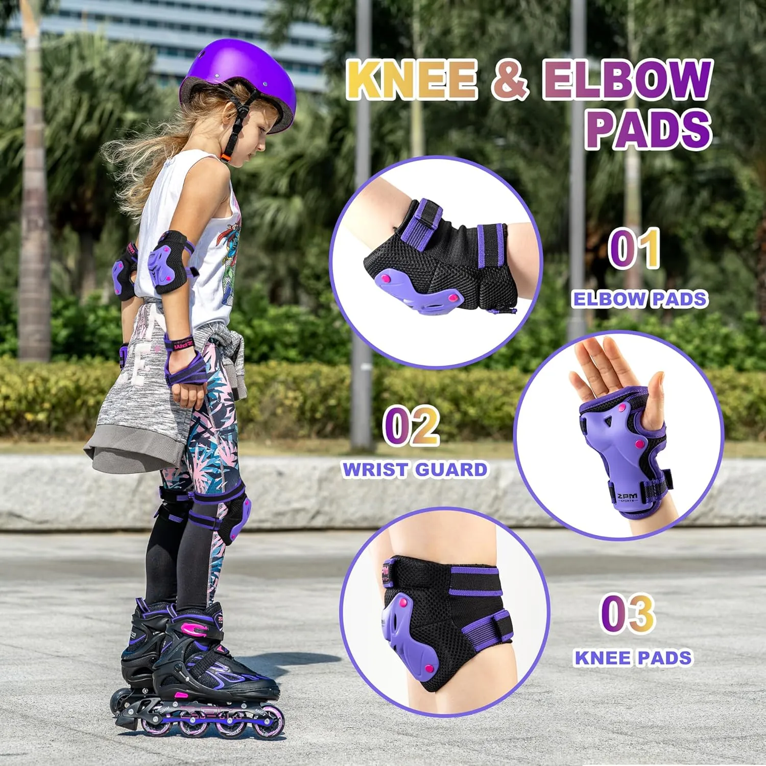 2PM SPORTS Knee Pads for Kids, Wrist Guards Knee and Elbow Pads Set with Drawstring Bag, Protective Gear Set for Girls Boys Roller Skating Cycling Skateboard - Purple Small