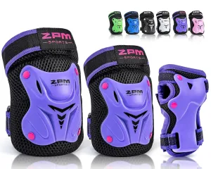 2PM SPORTS Knee Pads for Kids, Wrist Guards Knee and Elbow Pads Set with Drawstring Bag, Protective Gear Set for Girls Boys Roller Skating Cycling Skateboard - Purple Small