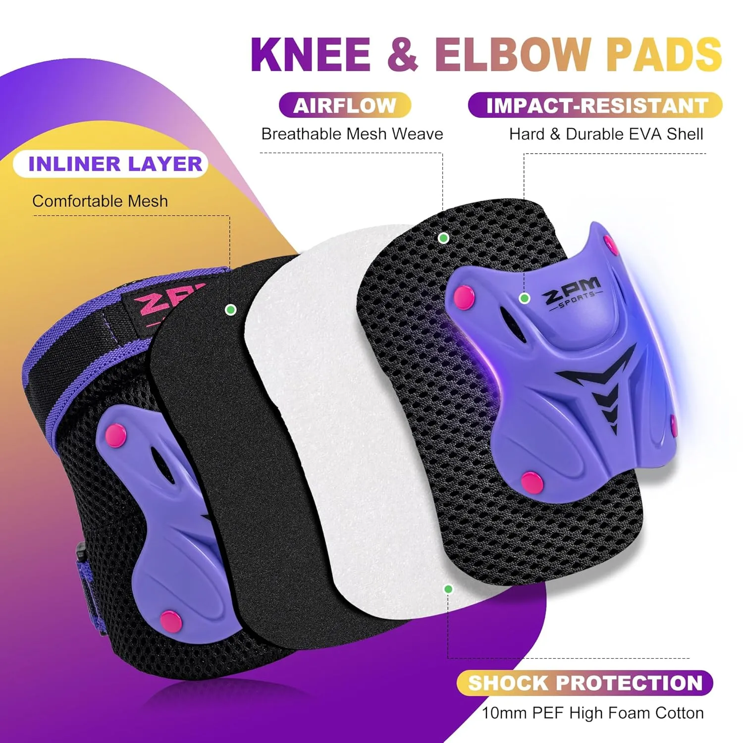 2PM SPORTS Knee Pads for Kids, Wrist Guards Knee and Elbow Pads Set with Drawstring Bag, Protective Gear Set for Girls Boys Roller Skating Cycling Skateboard - Purple Small