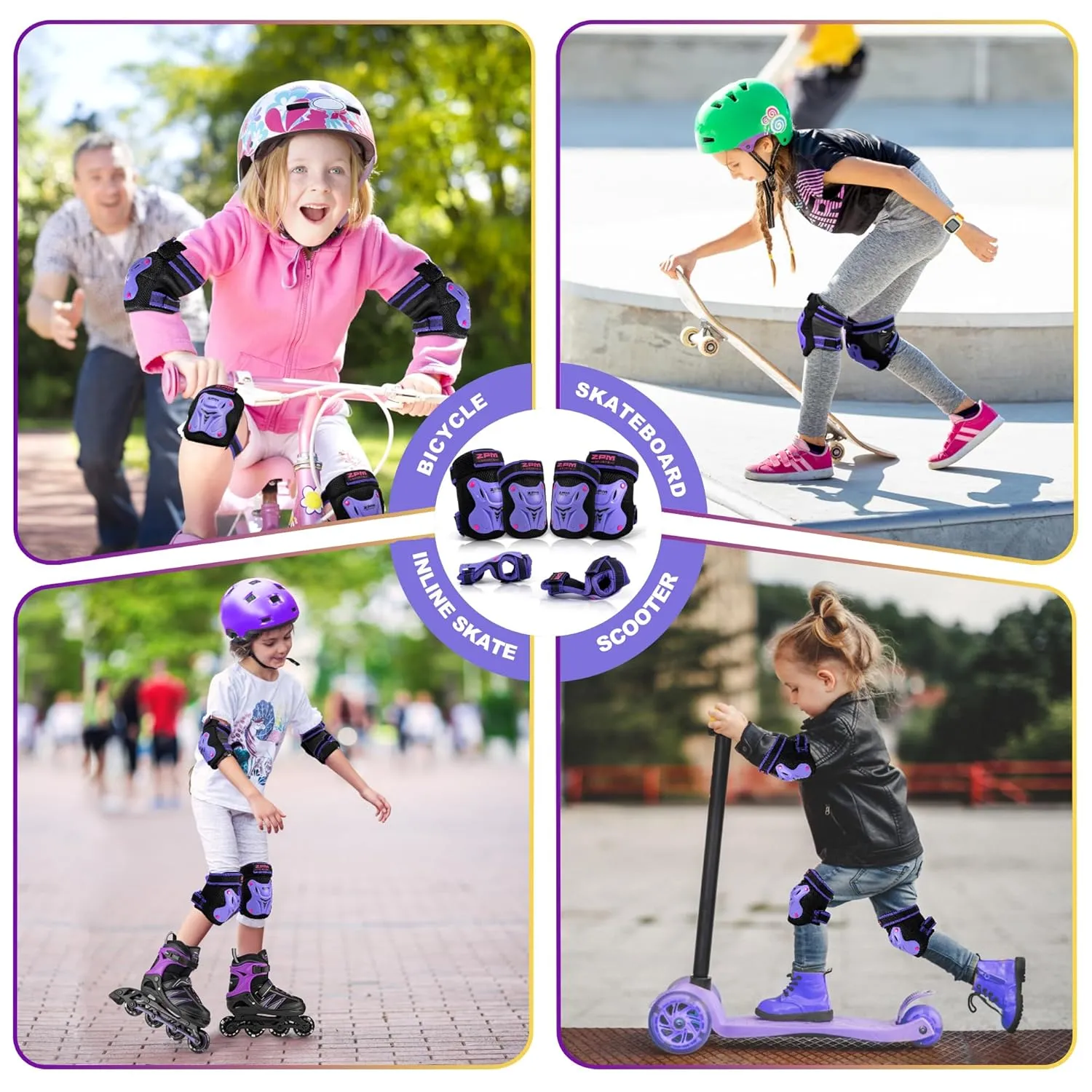 2PM SPORTS Knee Pads for Kids, Wrist Guards Knee and Elbow Pads Set with Drawstring Bag, Protective Gear Set for Girls Boys Roller Skating Cycling Skateboard - Purple Small