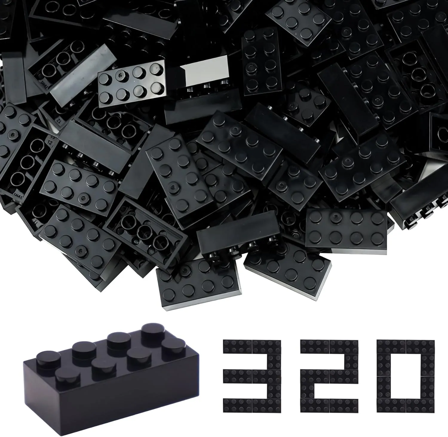 2x4 Building Bricks 320 Pieces, Black Bricks Bulk Kit, Basic Parts Accessories, Classic Creative Building Blocks Set, Compatible