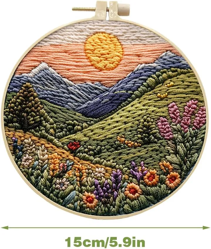 3 Sets Embroidery Starter Kit for Adult Beginner with Landscape Tree Mountain River Floral Nature Scenery Pattern Hand Embroidery Set DIY Cross Stitch Kits with Hoops Needles Threads