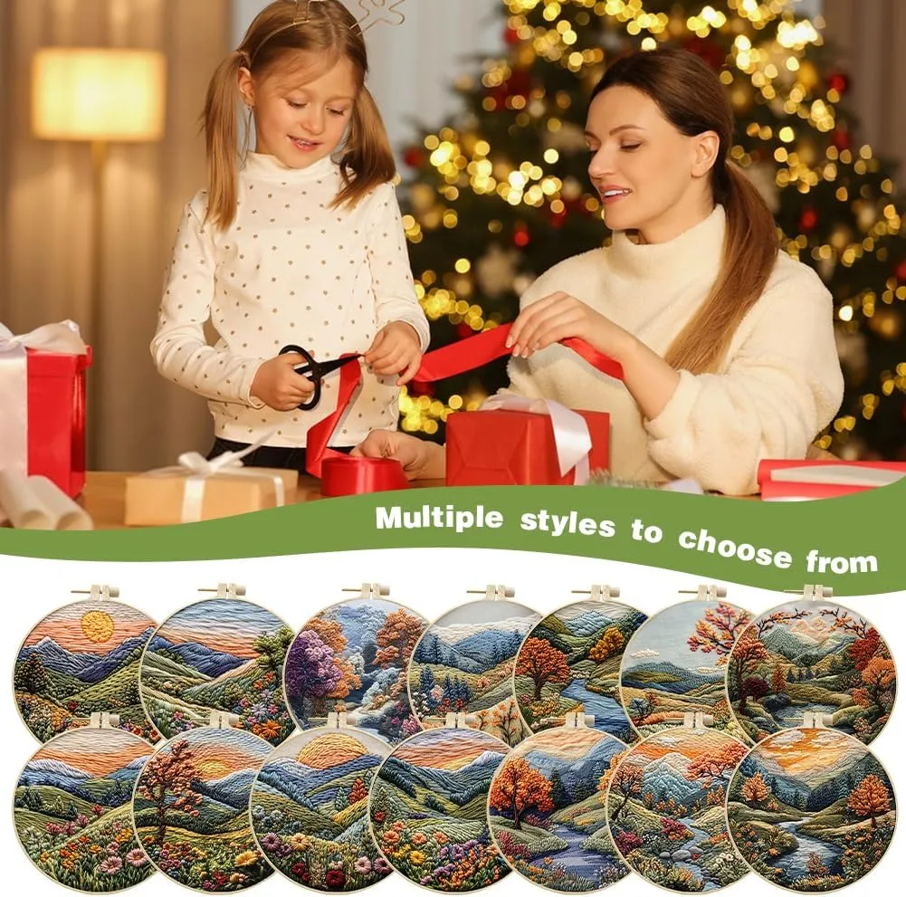 3 Sets Embroidery Starter Kit for Adult Beginner with Landscape Tree Mountain River Floral Nature Scenery Pattern Hand Embroidery Set DIY Cross Stitch Kits with Hoops Needles Threads