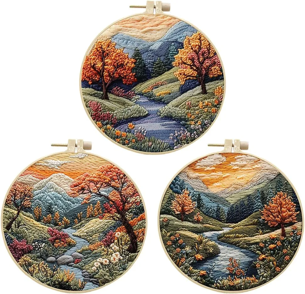 3 Sets Embroidery Starter Kit for Adult Beginner with Landscape Tree Mountain River Floral Nature Scenery Pattern Hand Embroidery Set DIY Cross Stitch Kits with Hoops Needles Threads