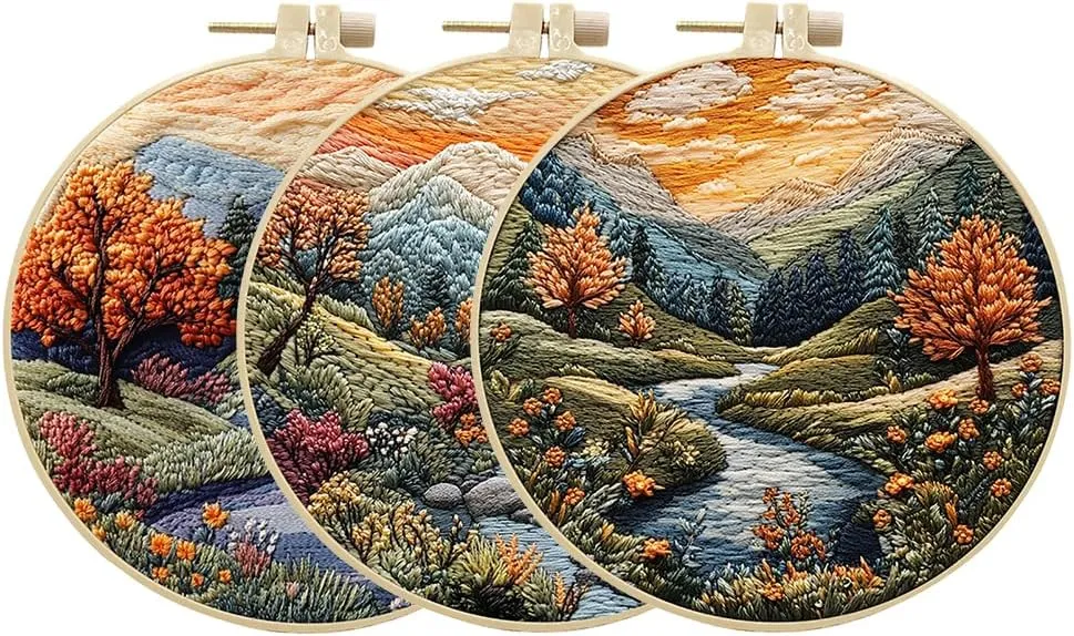 3 Sets Embroidery Starter Kit for Adult Beginner with Landscape Tree Mountain River Floral Nature Scenery Pattern Hand Embroidery Set DIY Cross Stitch Kits with Hoops Needles Threads