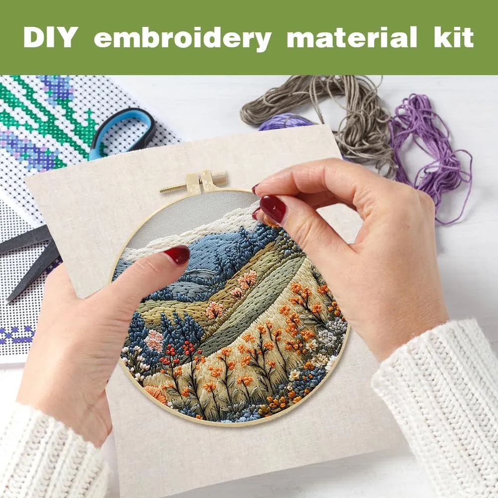 3 Sets Embroidery Starter Kit for Adult Beginner with Landscape Tree Mountain River Floral Nature Scenery Pattern Hand Embroidery Set DIY Cross Stitch Kits with Hoops Needles Threads