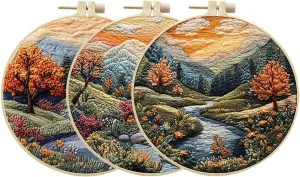 3 Sets Embroidery Starter Kit for Adult Beginner with Landscape Tree Mountain River Floral Nature Scenery Pattern Hand Embroidery Set DIY Cross Stitch Kits with Hoops Needles Threads