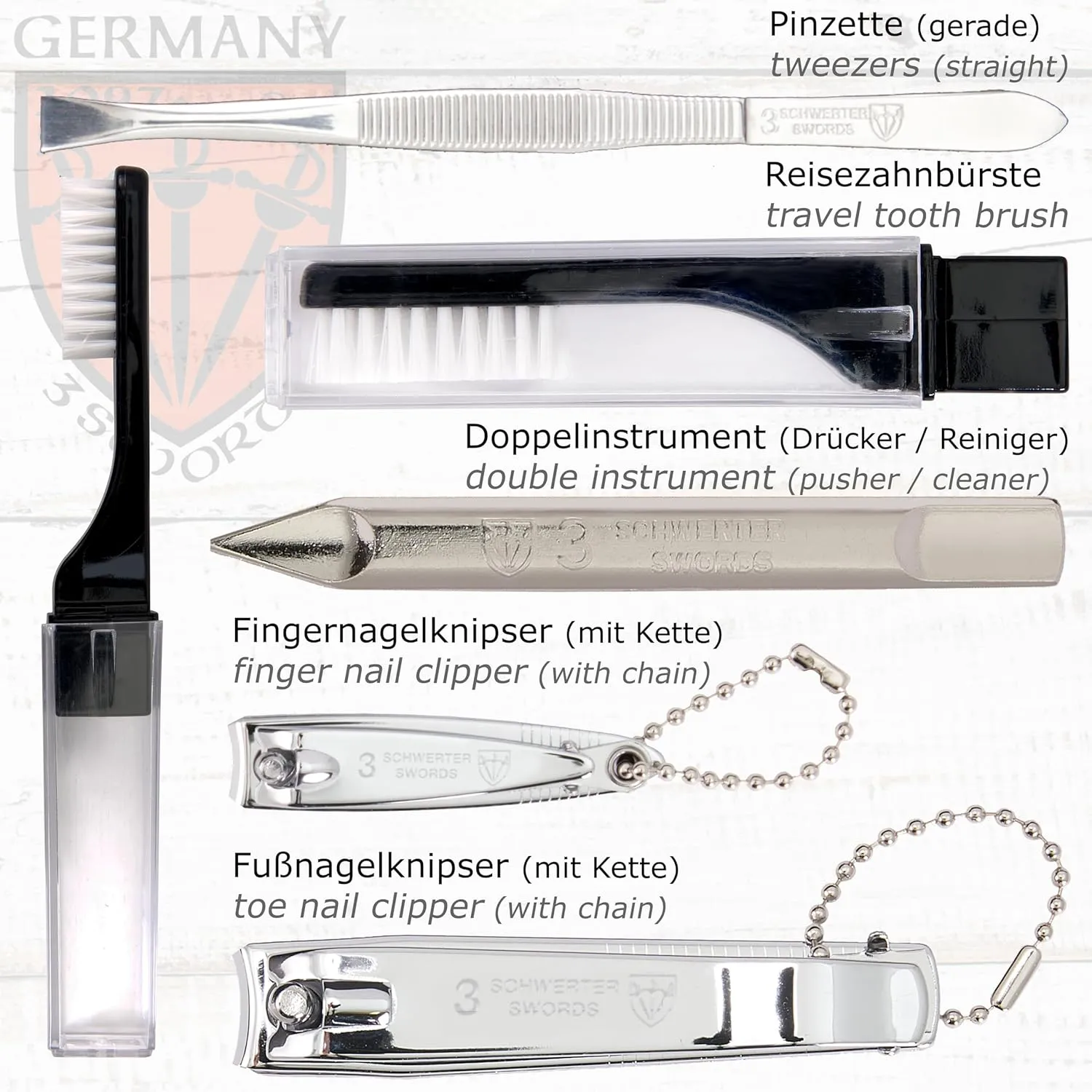 3 Swords Germany - brand quality 10 piece manicure pedicure grooming kit set for professional finger & toe nail care tweezers file clipper fashion leather case in gift box, Made by 3 Swords (02570 )