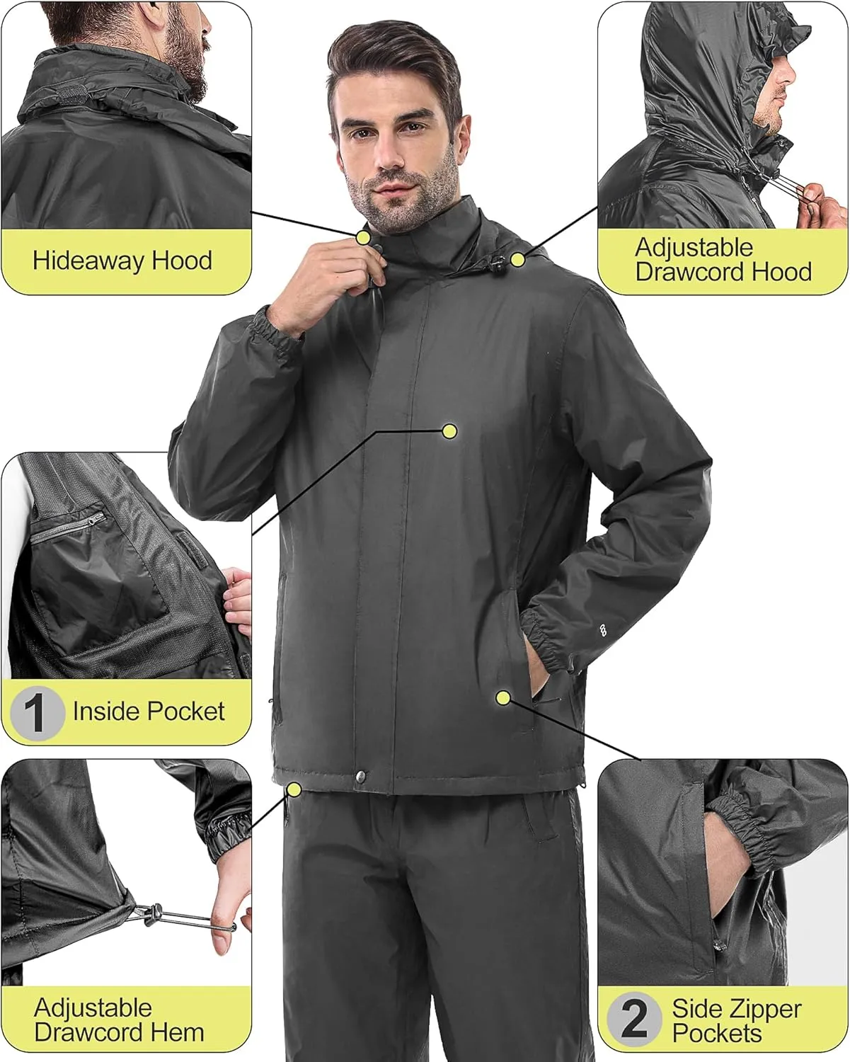 33,000ft Men's Rain Suit Packable Waterproof Lightweight Rain Gear for Golf Hiking Cycling 2 Pieces (Jackets and Pants)