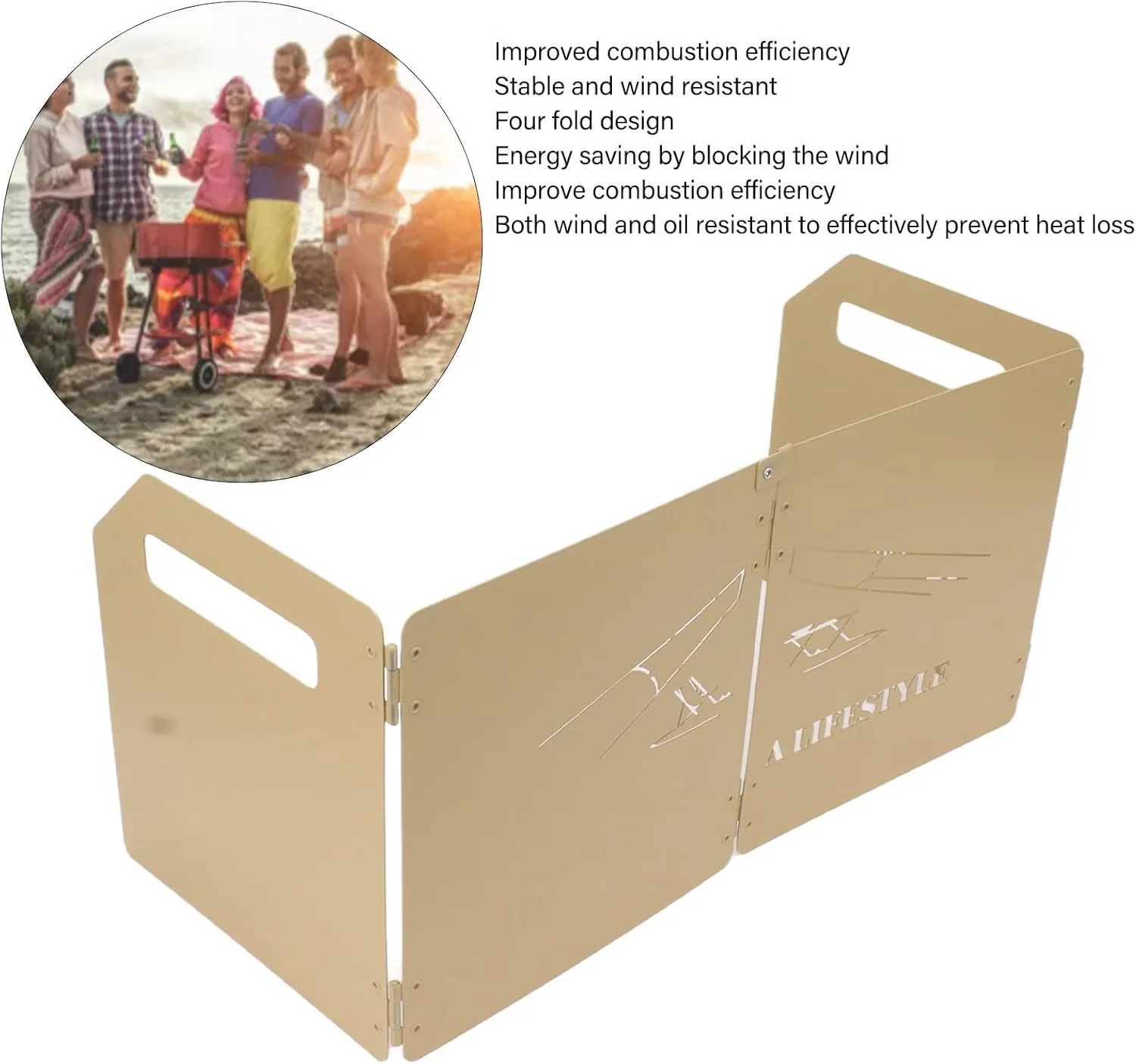4 Plates Folding Stove Windscreen with Handle Thicken Oilproof Carbon Steel Camping Stove Windshield for Outdoors BBQ (Khaki)