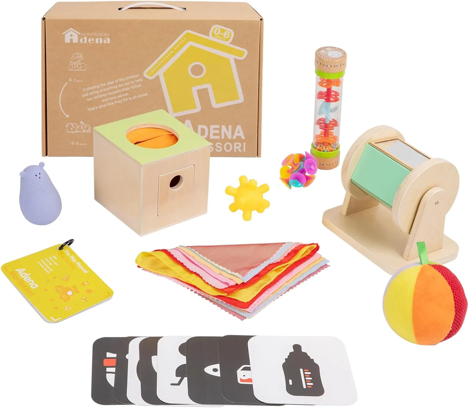8 in 1 Montessori Toys for Babies 0-6 Month-Baby Tummy Time Toys Black White Card for Newborns,Rainmaker Rattle Toys for Babies, Tissue Box,Spinning Drum,Ball with Bell-Baby Sensory Developmental Toys
