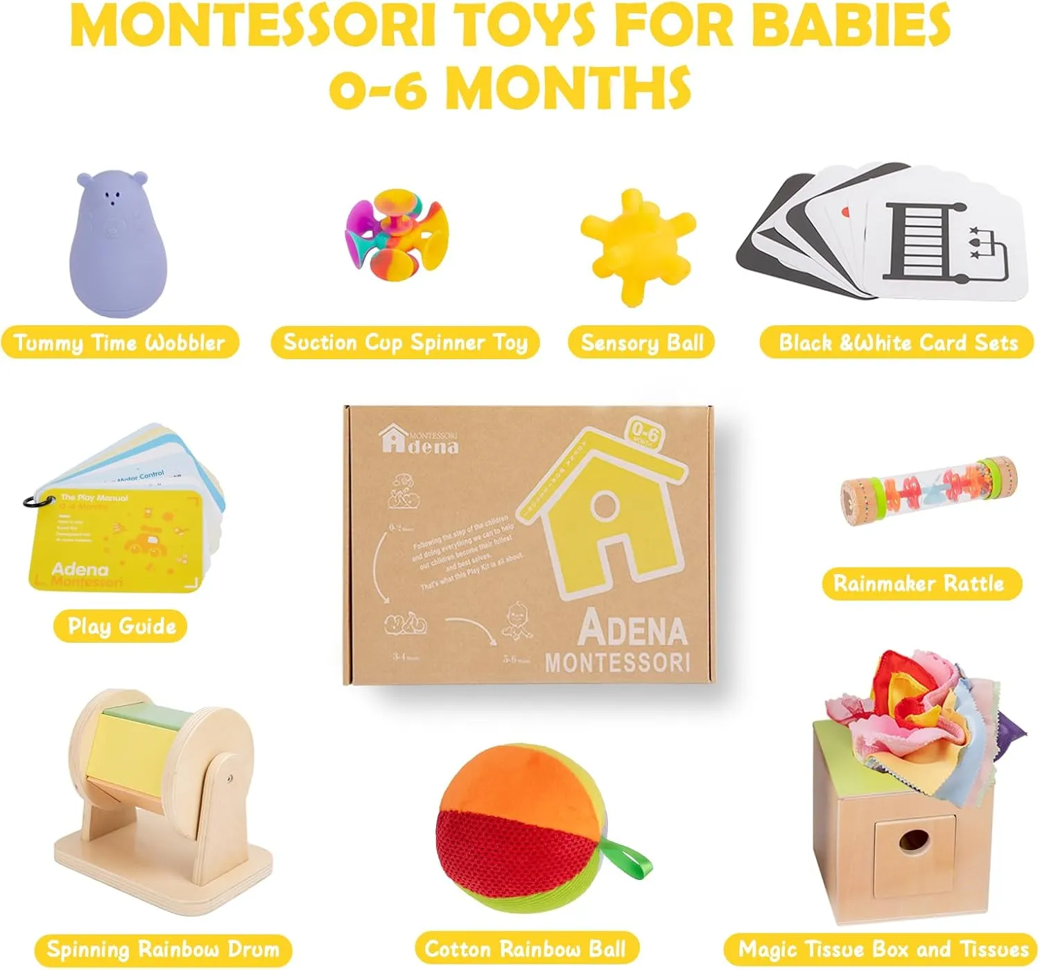 8 in 1 Montessori Toys for Babies 0-6 Month-Baby Tummy Time Toys Black White Card for Newborns,Rainmaker Rattle Toys for Babies, Tissue Box,Spinning Drum,Ball with Bell-Baby Sensory Developmental Toys