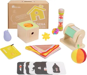 8 in 1 Montessori Toys for Babies 0-6 Month-Baby Tummy Time Toys Black White Card for Newborns,Rainmaker Rattle Toys for Babies, Tissue Box,Spinning Drum,Ball with Bell-Baby Sensory Developmental Toys