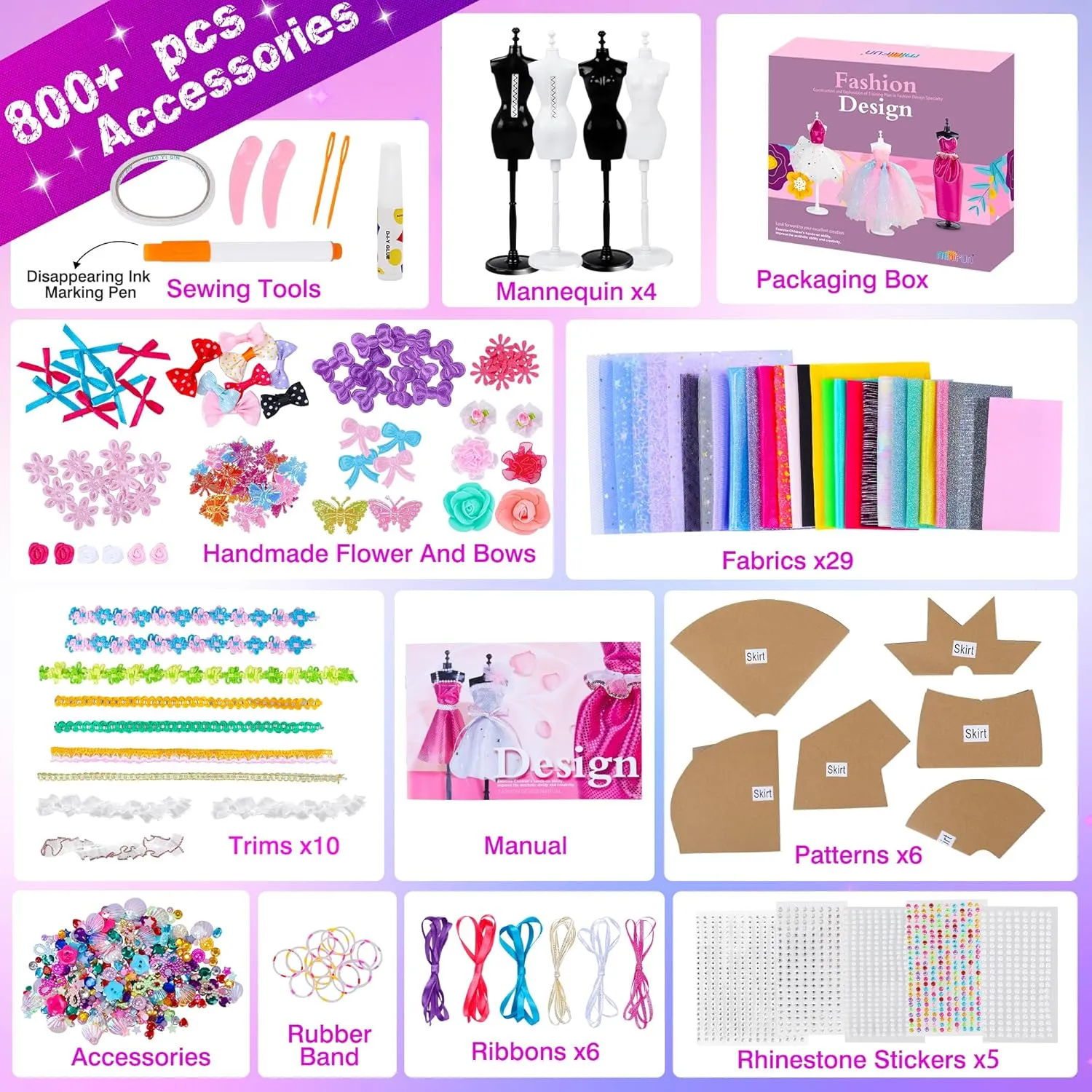 800 Pcs Fashion Designer Kit for Girls, Sewing Kit with 4 Mannequins, DIY Arts and Crafts Kit for Kids, Doll Clothes Making Kit, Girl Toys for Age 6 7 8 9 10 11 12 Year Old Gifts