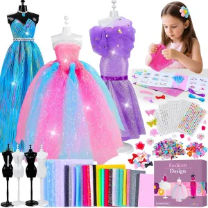 800 Pcs Fashion Designer Kit for Girls, Sewing Kit with 4 Mannequins, DIY Arts and Crafts Kit for Kids, Doll Clothes Making Kit, Girl Toys for Age 6 7 8 9 10 11 12 Year Old Gifts