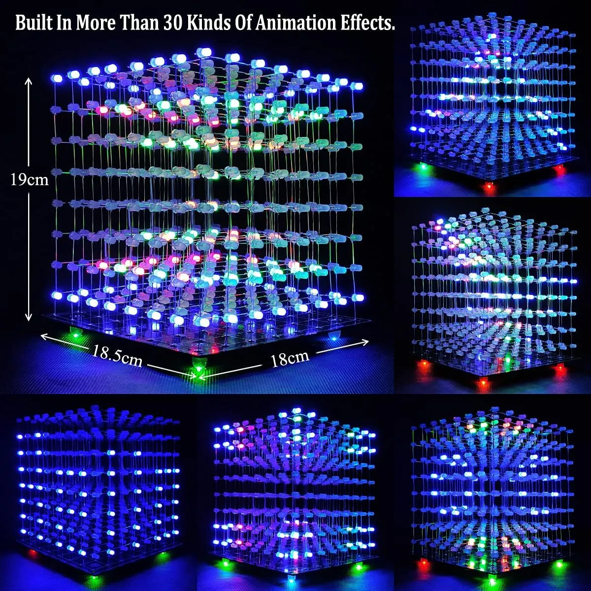 8x8x8 LED Cube Kit DIY Electronic Kit Soldering Project Kit, User Needs to Solder The LED, and The Displayed Content Can Be Modified [3D8C-MULTI]