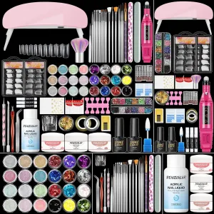 Acrylic Nail Kit with Everything for Beginner with Drill and U V Light 3Pcs Acrylic Powder 24Pcs Glitter Powder Professional Nail Kit 200Pcs Nail Tips DIY Salon