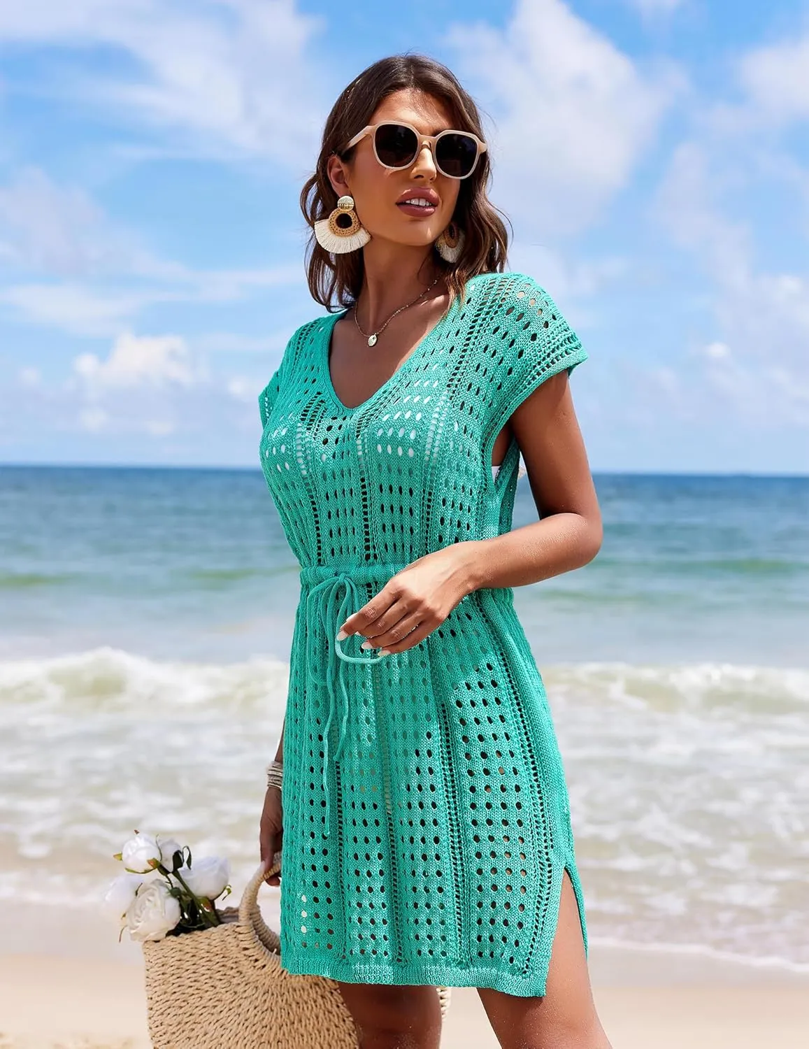 AI'MAGE Women's Crochet Cover Up Hollow Out Swimsuit Coverup V Neck Beachwear with Drawstring S-3XL