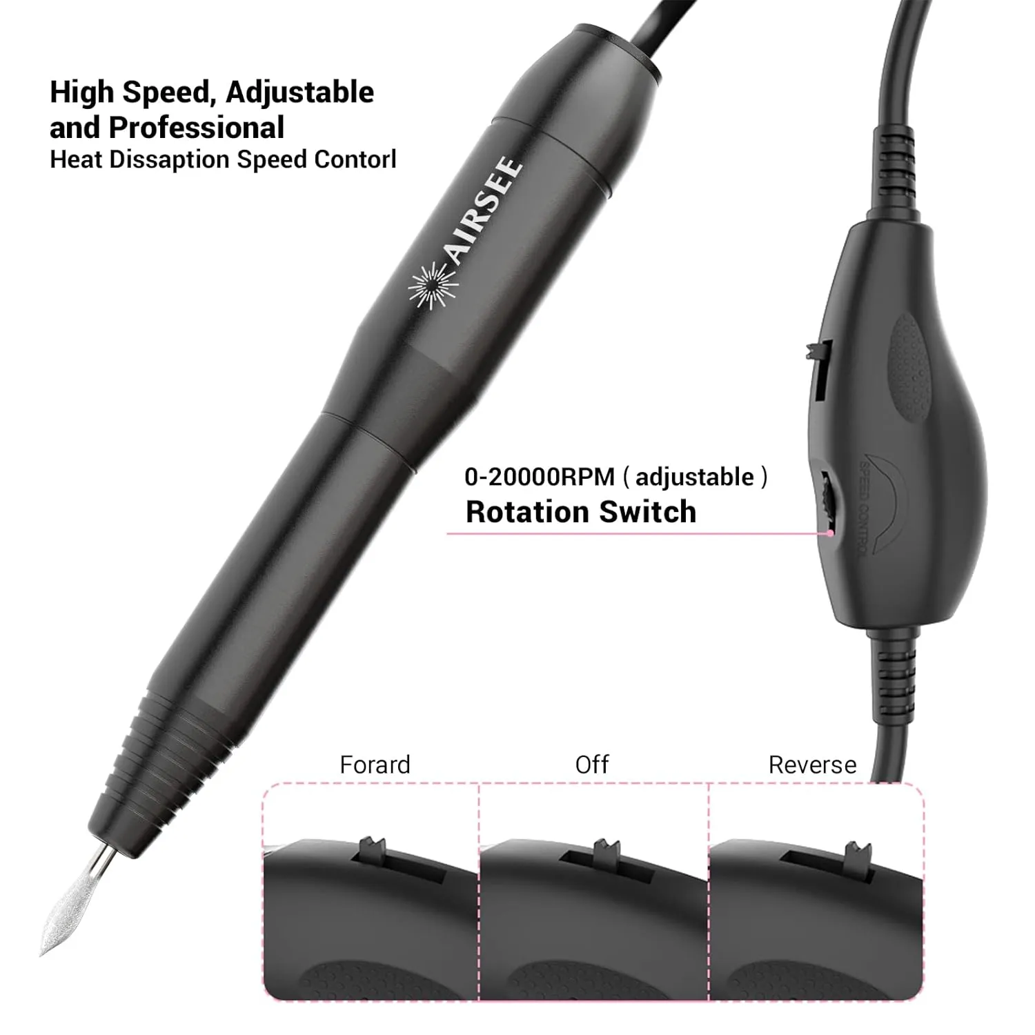 AIRSEE Studio Basic Adapter Portable Electric Nail Drill Machine for Professional, EFile for Acrylic Gel Nails and Manicure Pedicure Polishing Shape, Electric Nail File Kit for Salon Black