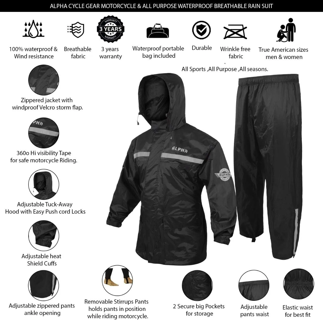 ALPHA CYCLE GEAR Rain Suit for Men & Women Jackets Pant Gear Reflective Rainsuit Waterproof (BLACK, SMALL)