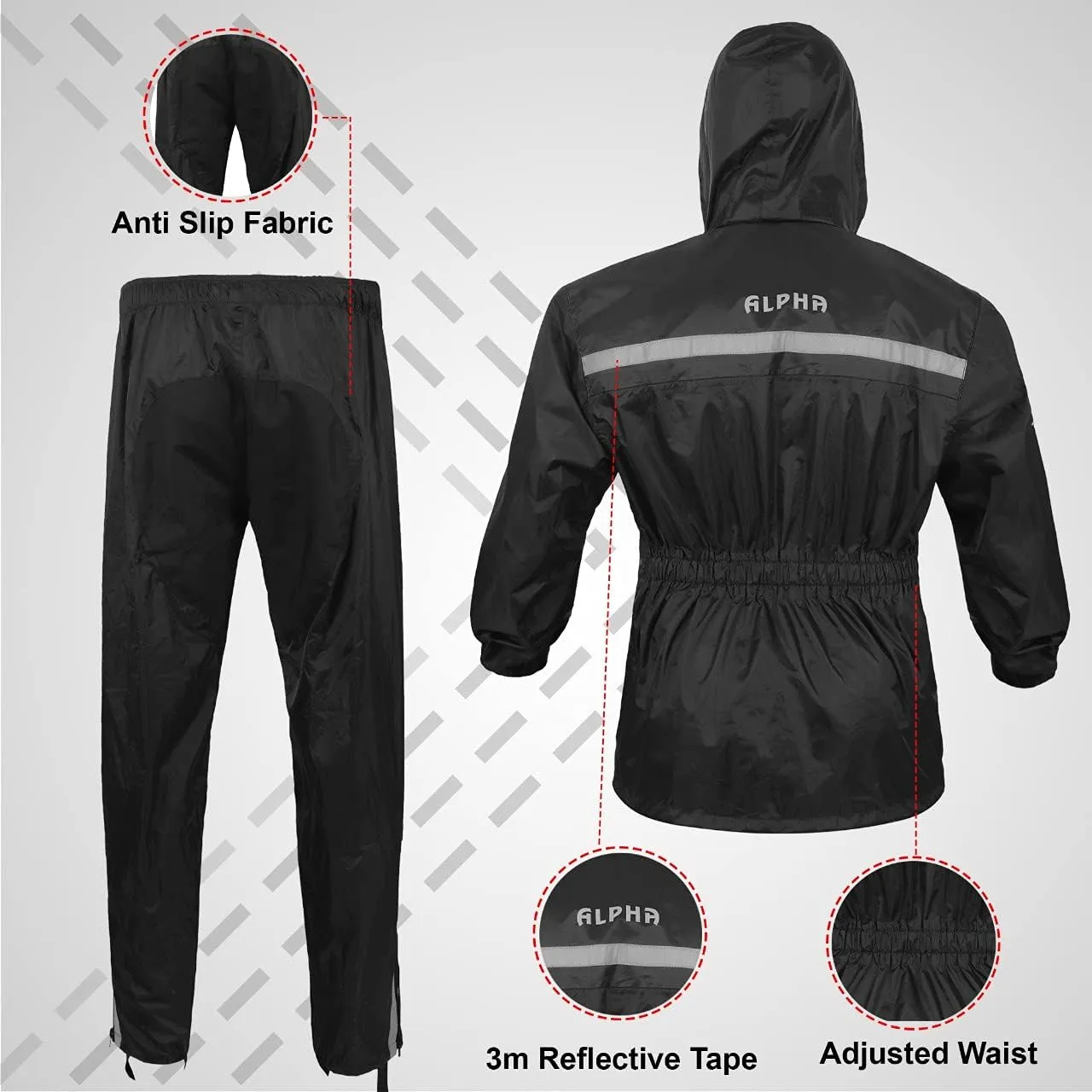 ALPHA CYCLE GEAR Rain Suit for Men & Women Jackets Pant Gear Reflective Rainsuit Waterproof (BLACK, SMALL)
