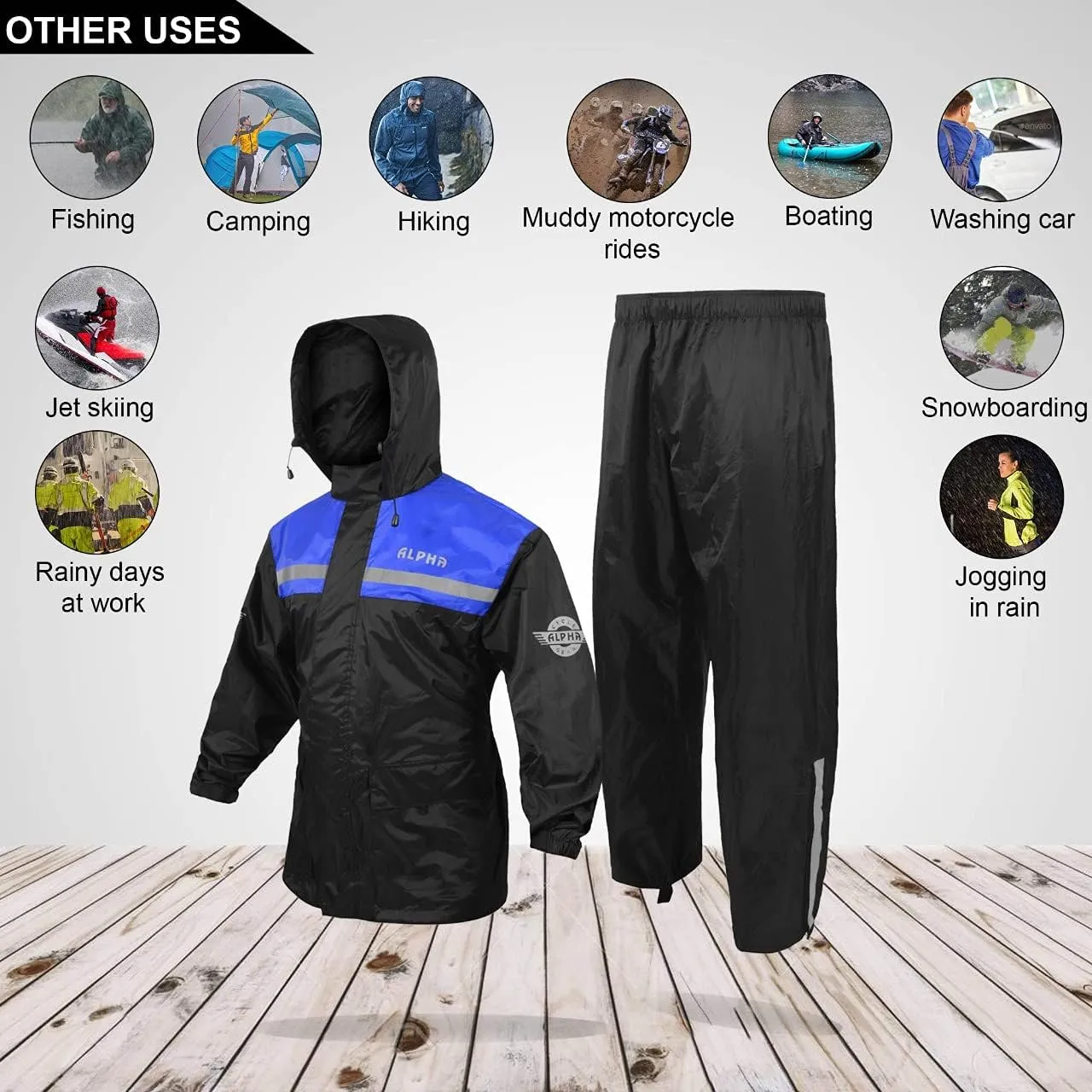 ALPHA CYCLE GEAR Rain Suit for Men & Women Jackets Pant Gear Reflective Rainsuit Waterproof (BLACK, SMALL)