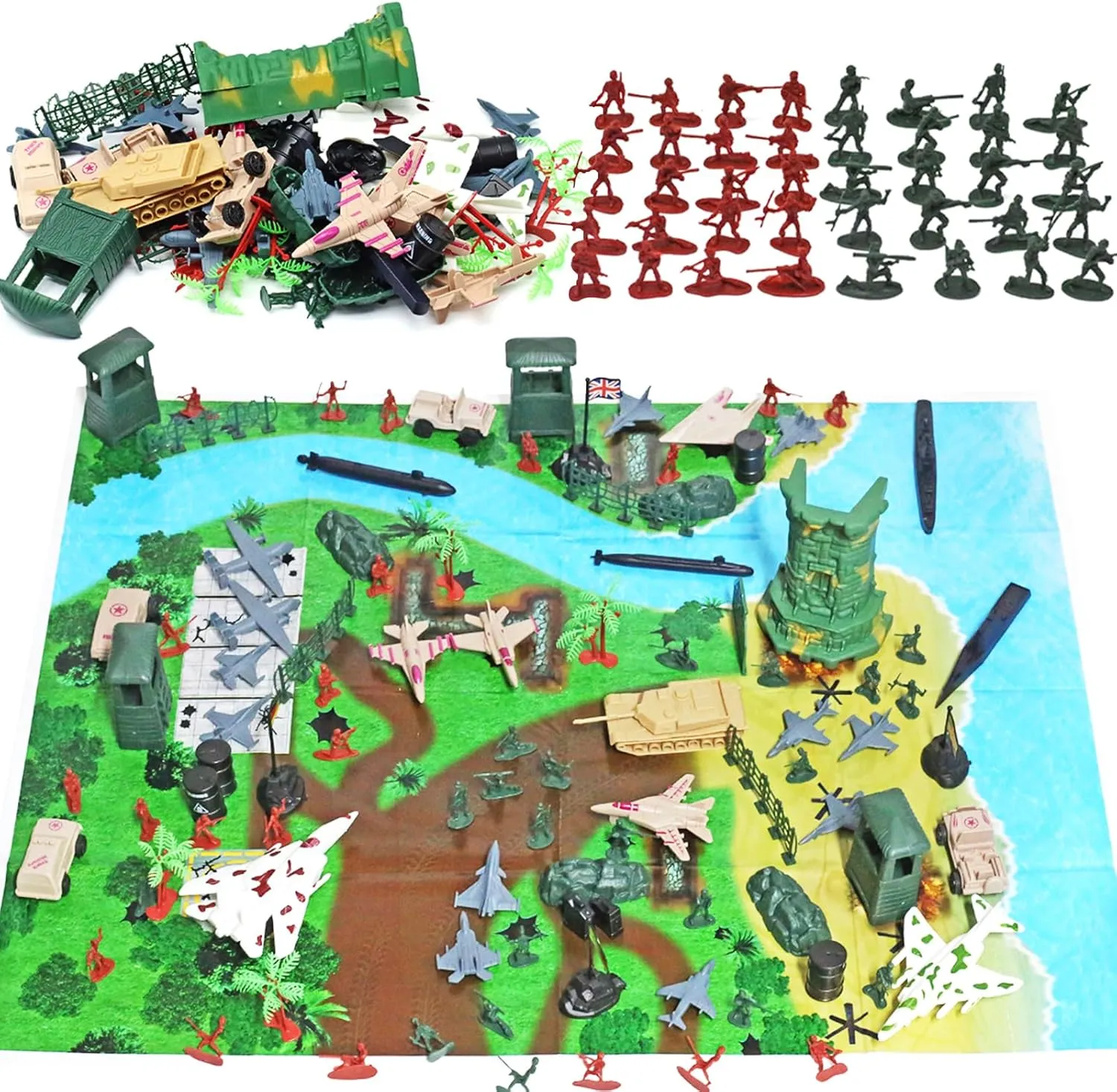 Army Men Playset Toy for Boys with Battle Mat, 308Pcs Military Toys Soldiers, Plastic Army Men Action Figures and Military Weapons, Guns Toys for Age Boys 4 8 12