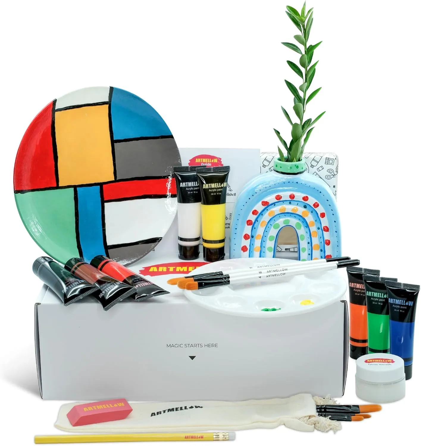 ARTMELLOW Ceramic Painting Kit for Kids,All in one Painting Set, Gift Set, Gift idea (Small Vase Plate)