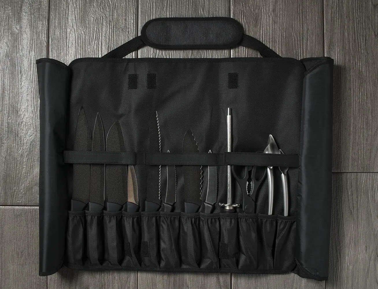 Asaya Chef Knife Roll Bag - 20 Total Pockets for Knives and Kitchen Utensils - Made with Stain Resistant Waxed Nylon - For Chefs and Culinary Students - Knives Not Included(Black)