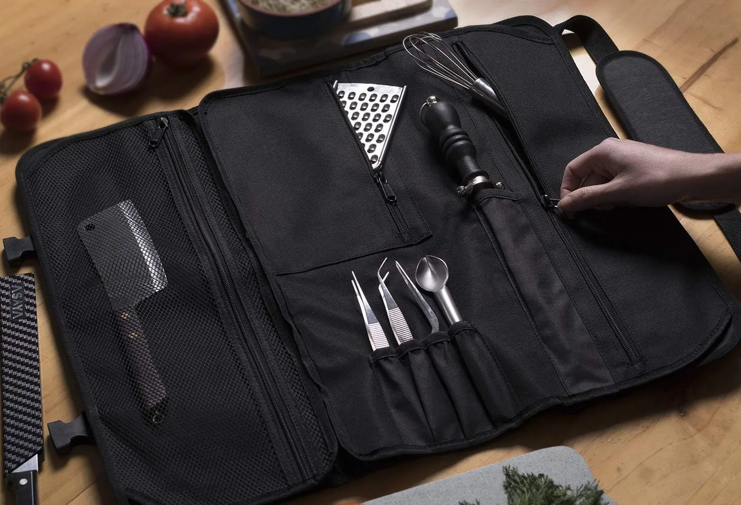 Asaya Chef Knife Roll Bag - 20 Total Pockets for Knives and Kitchen Utensils - Made with Stain Resistant Waxed Nylon - For Chefs and Culinary Students - Knives Not Included(Black)