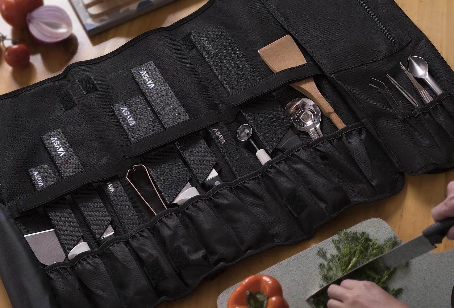 Asaya Chef Knife Roll Bag - 20 Total Pockets for Knives and Kitchen Utensils - Made with Stain Resistant Waxed Nylon - For Chefs and Culinary Students - Knives Not Included(Black)