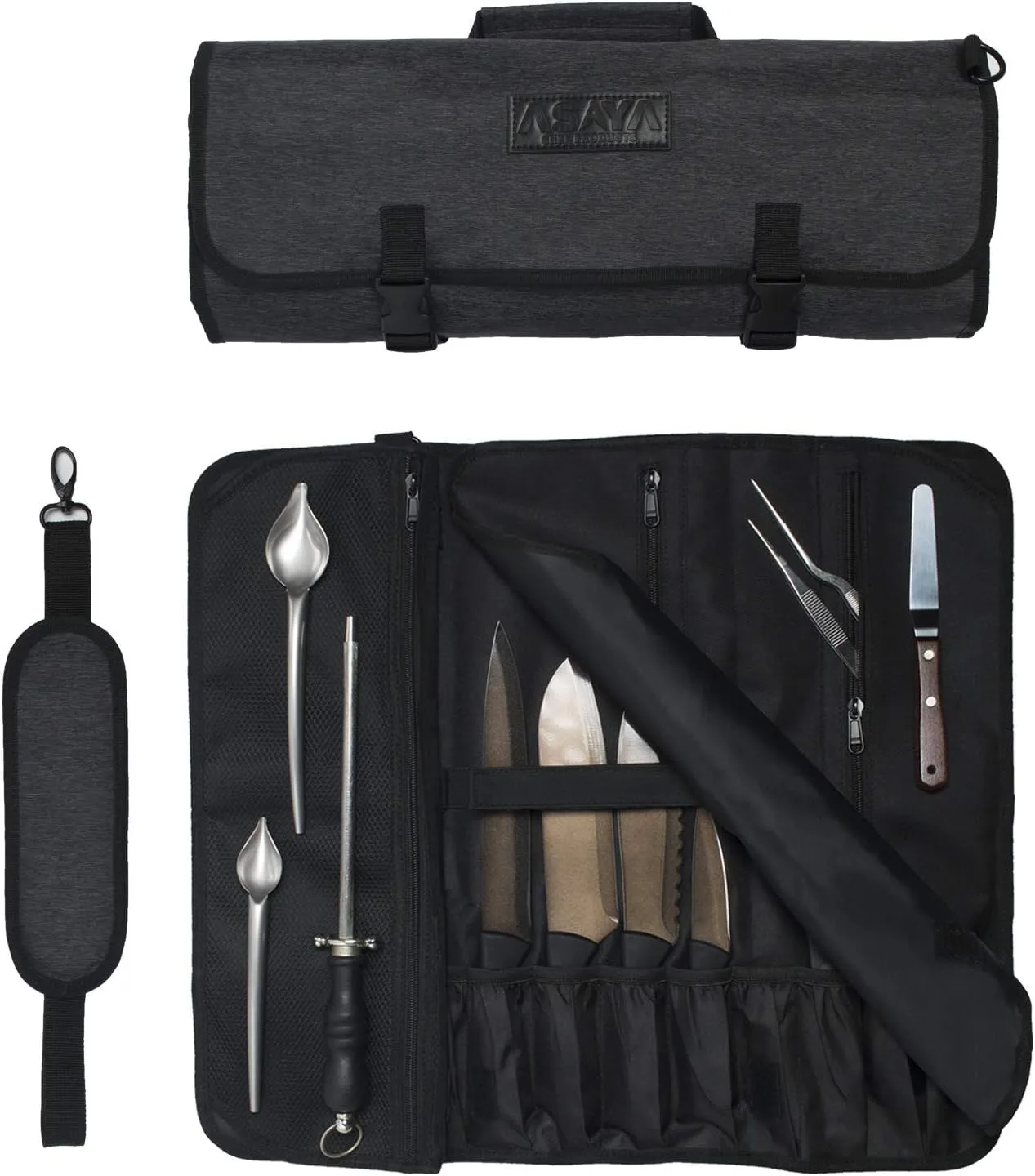 Asaya Chef Knife Roll Bag - 20 Total Pockets for Knives and Kitchen Utensils - Made with Stain Resistant Waxed Nylon - For Chefs and Culinary Students - Knives Not Included(Black)