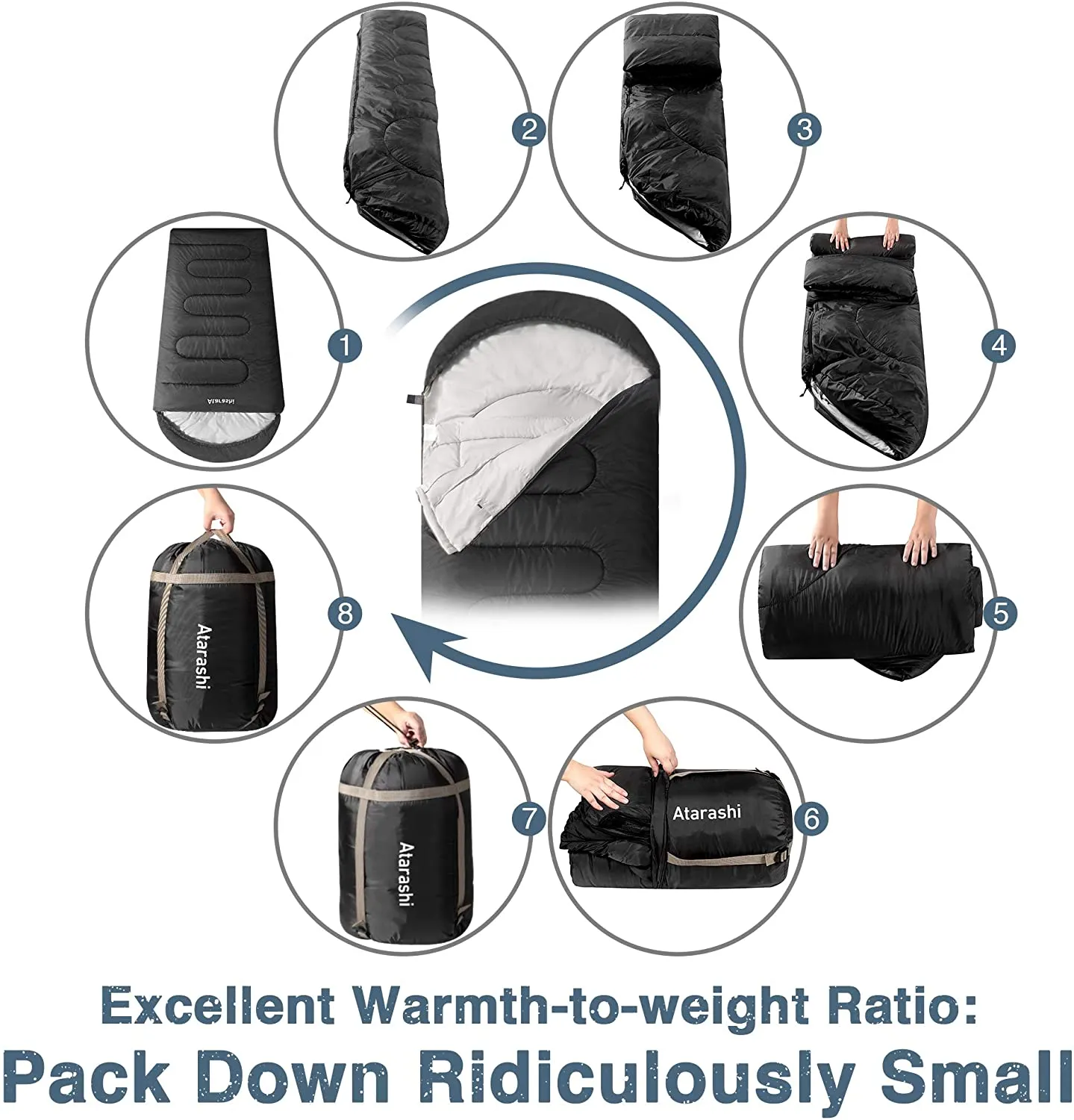 Atarashi Camping Sleeping Bag- 4 Seasons for Adults, Light, Warm, Extra-Large with Compression Sack- Great for Hiking, Backpacking & Outdoor Adventures in Cold Weather