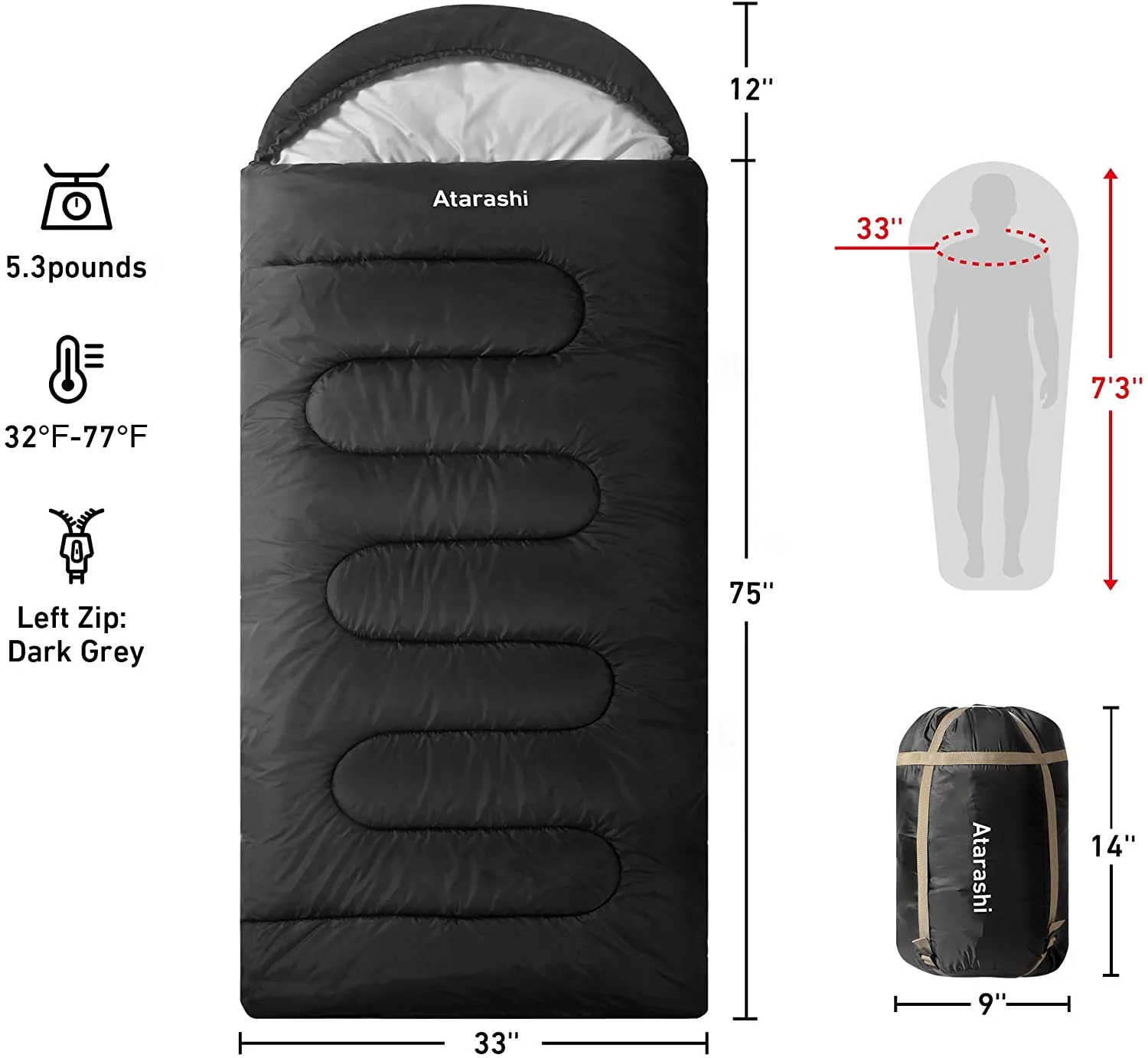 Atarashi Camping Sleeping Bag- 4 Seasons for Adults, Light, Warm, Extra-Large with Compression Sack- Great for Hiking, Backpacking & Outdoor Adventures in Cold Weather