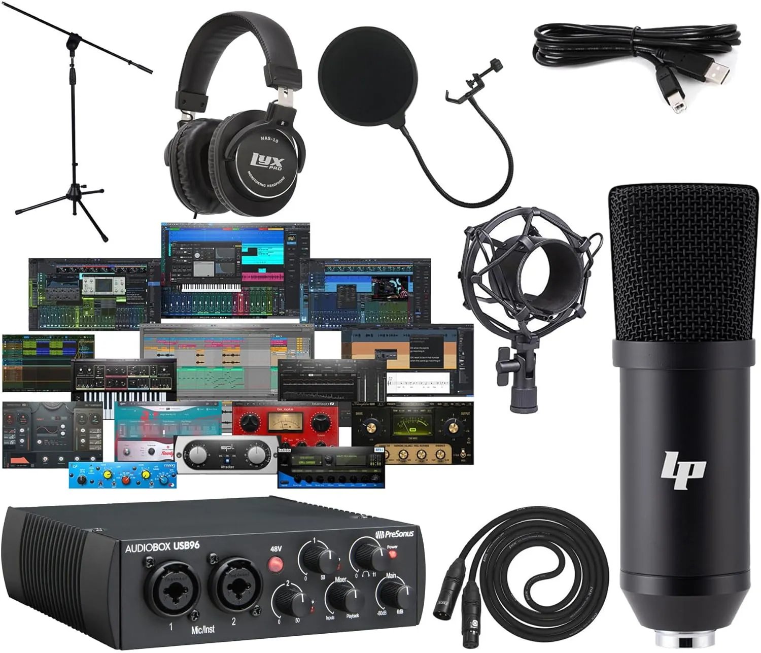 AudioBox 96 USB 2.0 Audio Interface Studio Bundle with Updated Studio One Artist Software Pack and LP Professional Condenser Microphone Kit (Black) and Recording Headphones