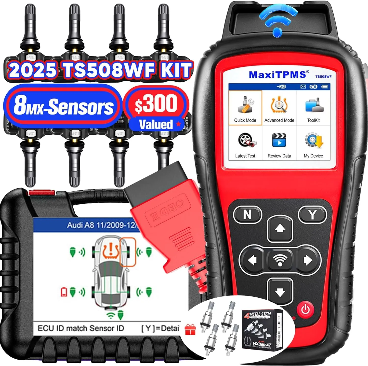 Autel MaxiTPMS TS508WF KIT, 300$ 8PCS 315 433MHz MX-Sensors   4PCS Metal Valves, 2025 Newer WiFi Ver. of TS508 TS501 TS601 TS408S, TPMS Programming Relearn Activate Scan tool, Clear DTCs, Free Updates