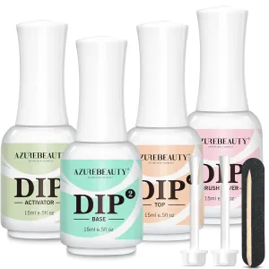 AZUREBEAUTY 4 4pc Dip Powder Liquid Set, 15ml/0.5oz, with Base/Top Coat, Activator, Brush Saver, Nail File - No Lamp Needed