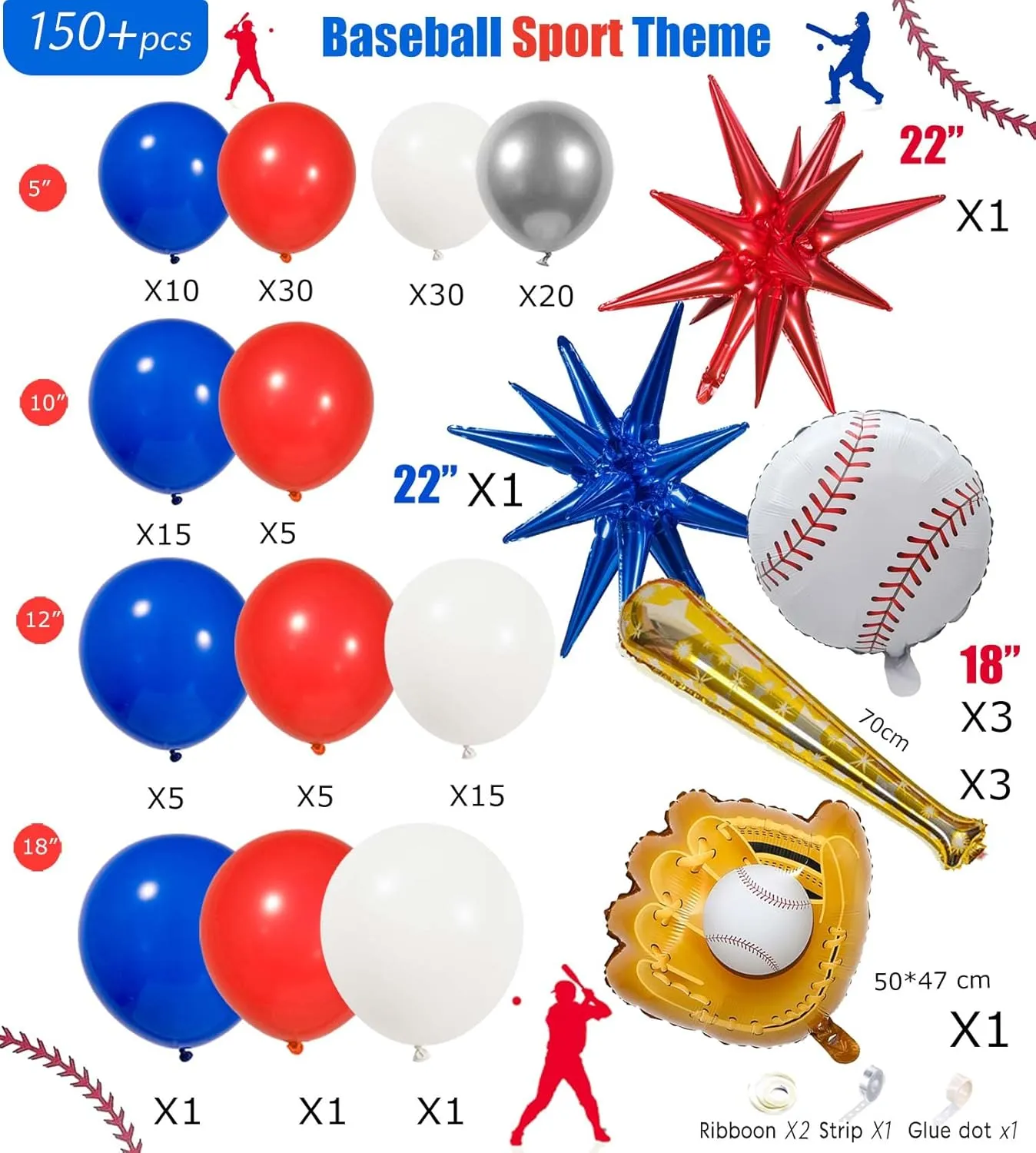 Baseball Balloon garland arch kit 150pcs Red Blue White Silver and Starburst Baseball bat glove balloons fot Sport theme Party Rookie Year 1st Birthday decorations