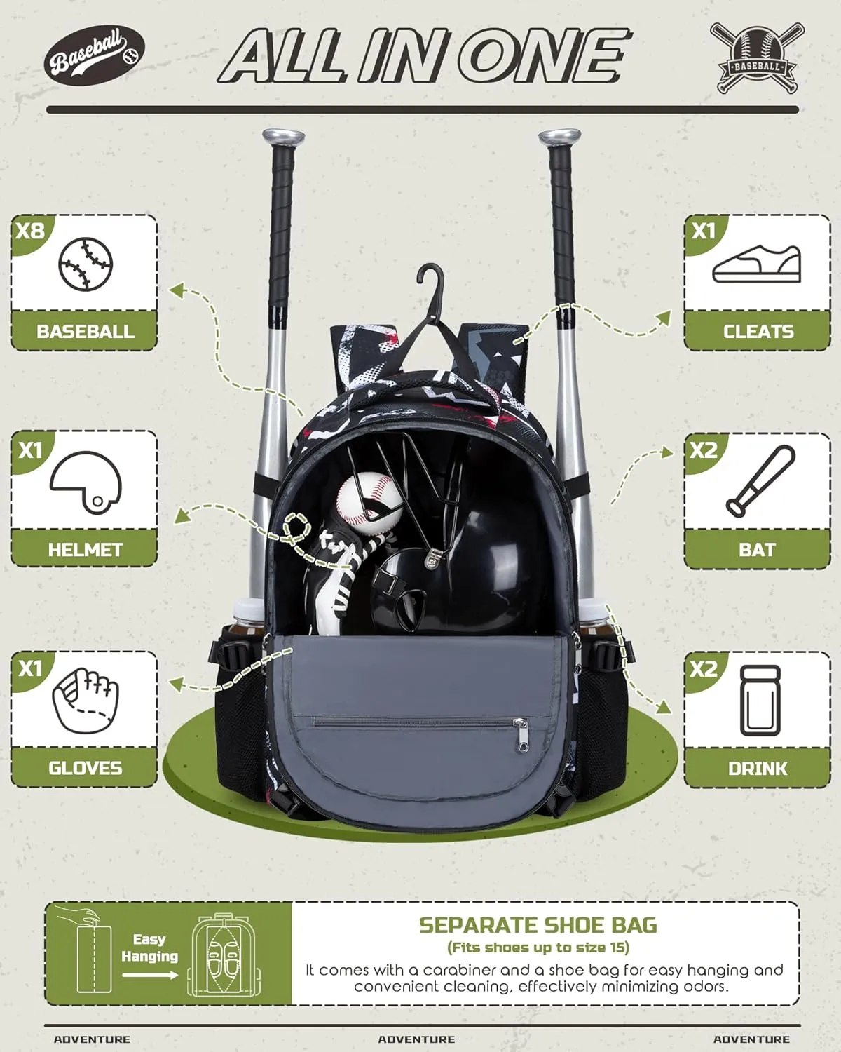 Baseball Softball Backpack for Kids Boys Girls 6-8 8-12 12-14 Large Youth Bat Bag for Gear Storage Baseball Softball Tball Equipment Back Pack with Separate Shoe Bag