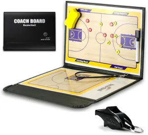 Basketball Coaching Board Coaches Clipboard Tactical Magnetic Board Kit with Magnetic Buttons Magnetic Pen Magnetic Eraser Referee Whistle 4 pcs with PU Leather Cover with Magnetic Automatic Suction