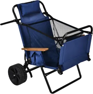 Beach Chair Cart with Wheels 2 in 1 Folding Lounge Chair & Wagon Cart Large Wheels for Beach Pool Backyard Picnic and Sunbathing