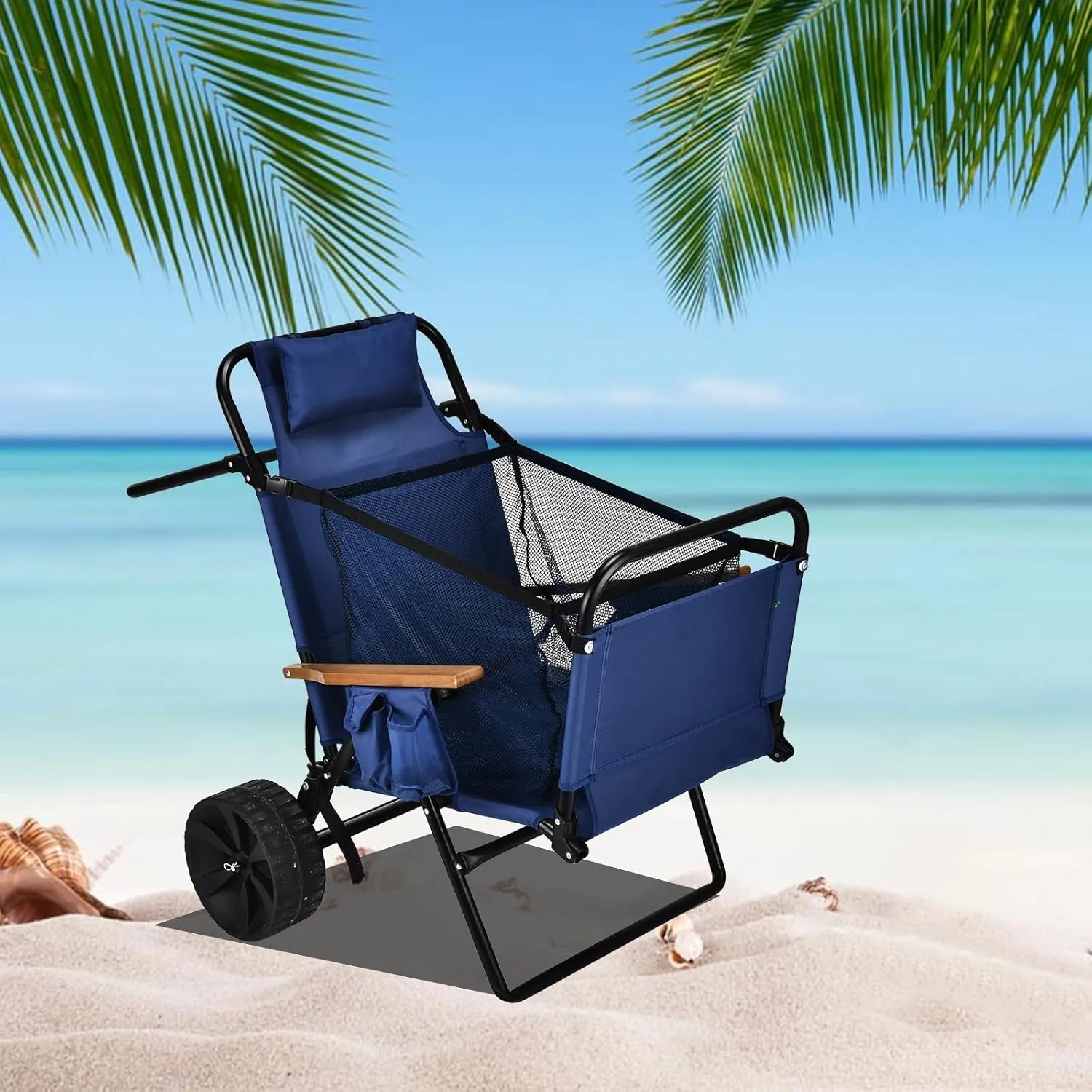 Beach Chair Cart with Wheels 2 in 1 Folding Lounge Chair & Wagon Cart Large Wheels for Beach Pool Backyard Picnic and Sunbathing