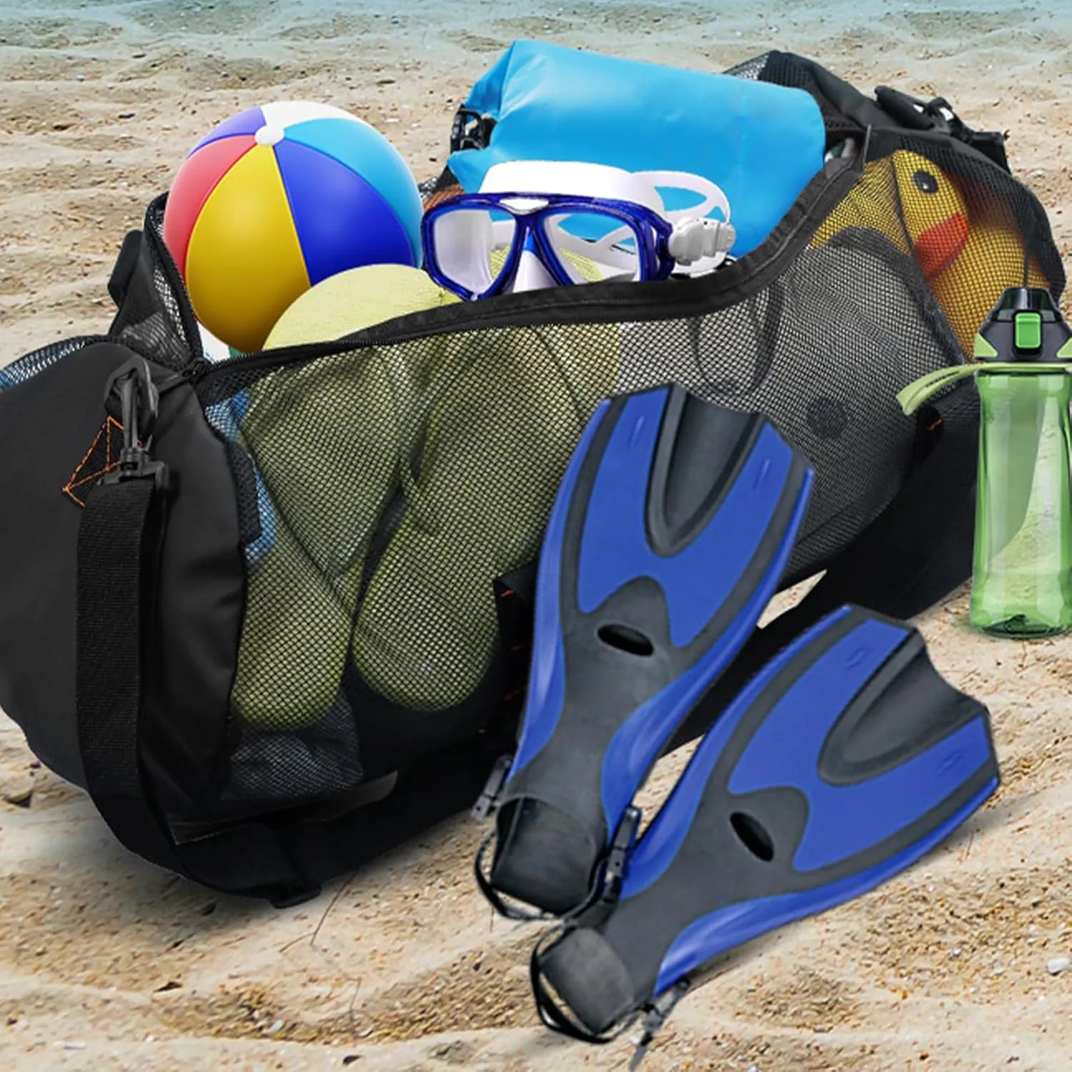 Beach Dive Bag – Extra Large Mesh Cylinder Tote, Zippered Travel Organizer | Portable Foldable Waterproof Bag for Snorkeling, Spearfishing, Freediving Gear Storage, Lightweight Pool Utility Bag