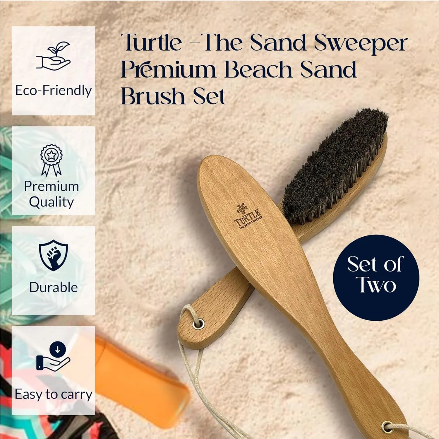 Beach Sand and Pool Feet Brush w/Soft Bristles | 2 Pc. Set | Use Also for Surfboards, Towels, Chairs, Pet Paws, & Outdoor Gear | Portable Travel Gear w/Cotton Bag | Sand Remover (Natural)