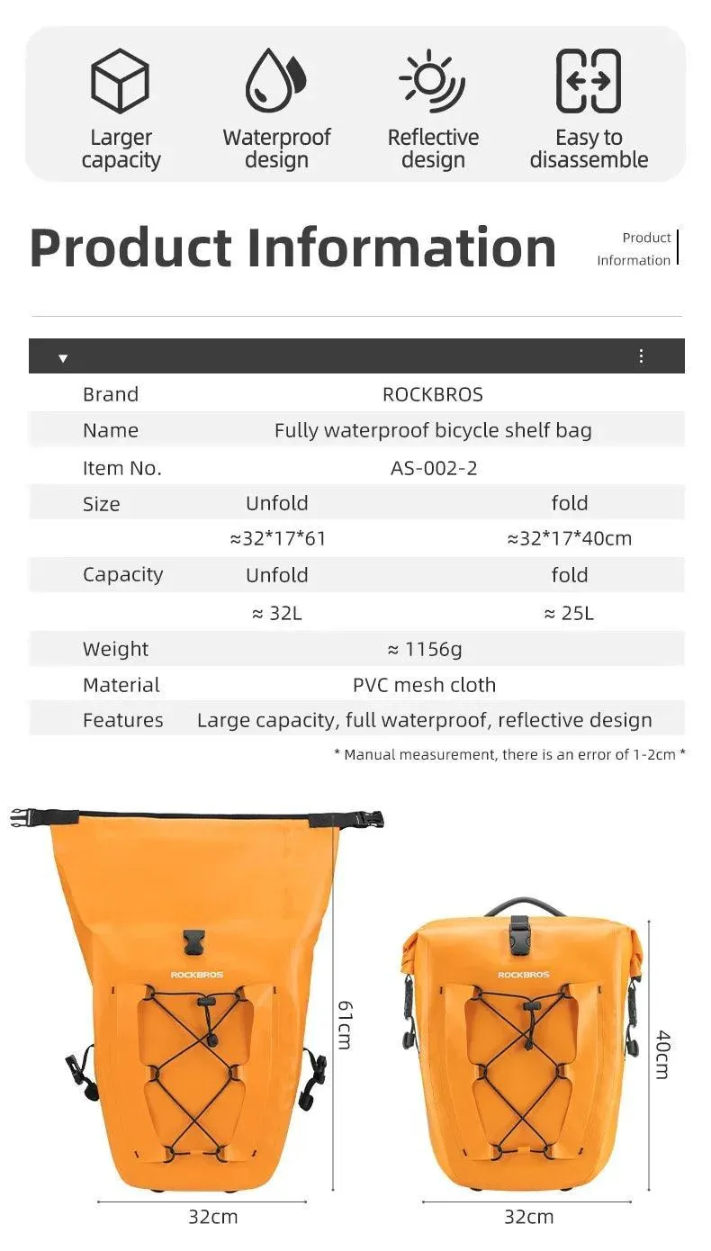 Bike Pannier Bag Waterproof 25L Capacity Bike Rack Bag Mountain Road Bicycle Tail Seat Long Travel Double Side Bike Bag