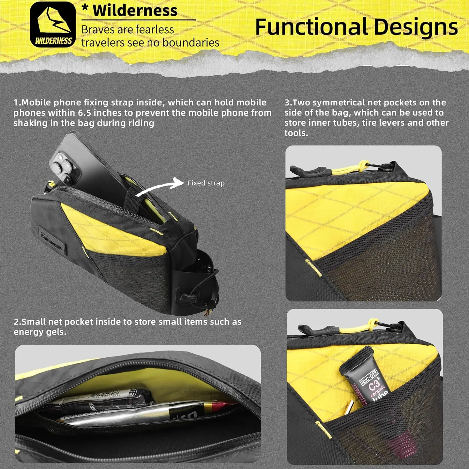 Bike Top Tube Bag Bicycle Front Frame Bag Waterproof Bike Bag 1.2L with Dual Side Mesh Pockets Perfect for MTB Road Bike Cycling Commuting and Outdoor Adventures