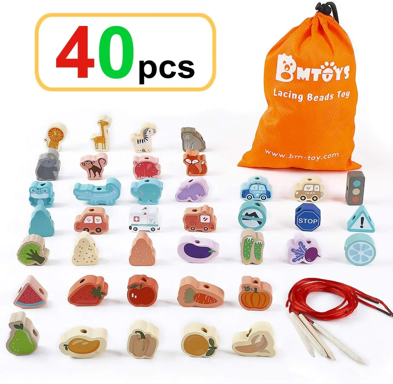 BMTOYS Montessori Educational Threading Toys Wooden Stringing Traffic Wild Animals Fruits Lacing Beads Preschool Toy for Toddler 18 Month 1 2 3 4 5 Year Old Boys Girls
