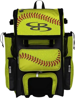 Boombah Rolling Superpack 2.0 Baseball/Softball Gear Bag - 23-1/2" x 13-1/2" x 9-1/2" - Softball 2.0 Optic Yellow/Red/Black - Telescopic Handle - Holds 4 Bats - Wheeled Version